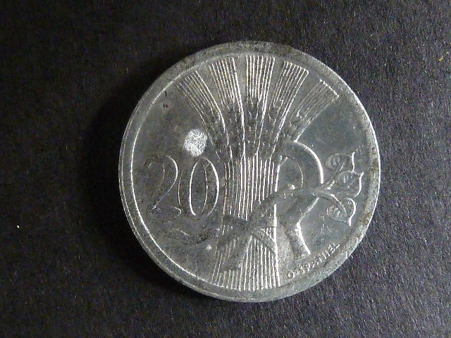 20 Haléř 1938 - zkušební ražba Kremnica, průměr 20 mm, Zn 100 %, 3,36 g g, O.Španiel, vzácný, oxidační skvrnky