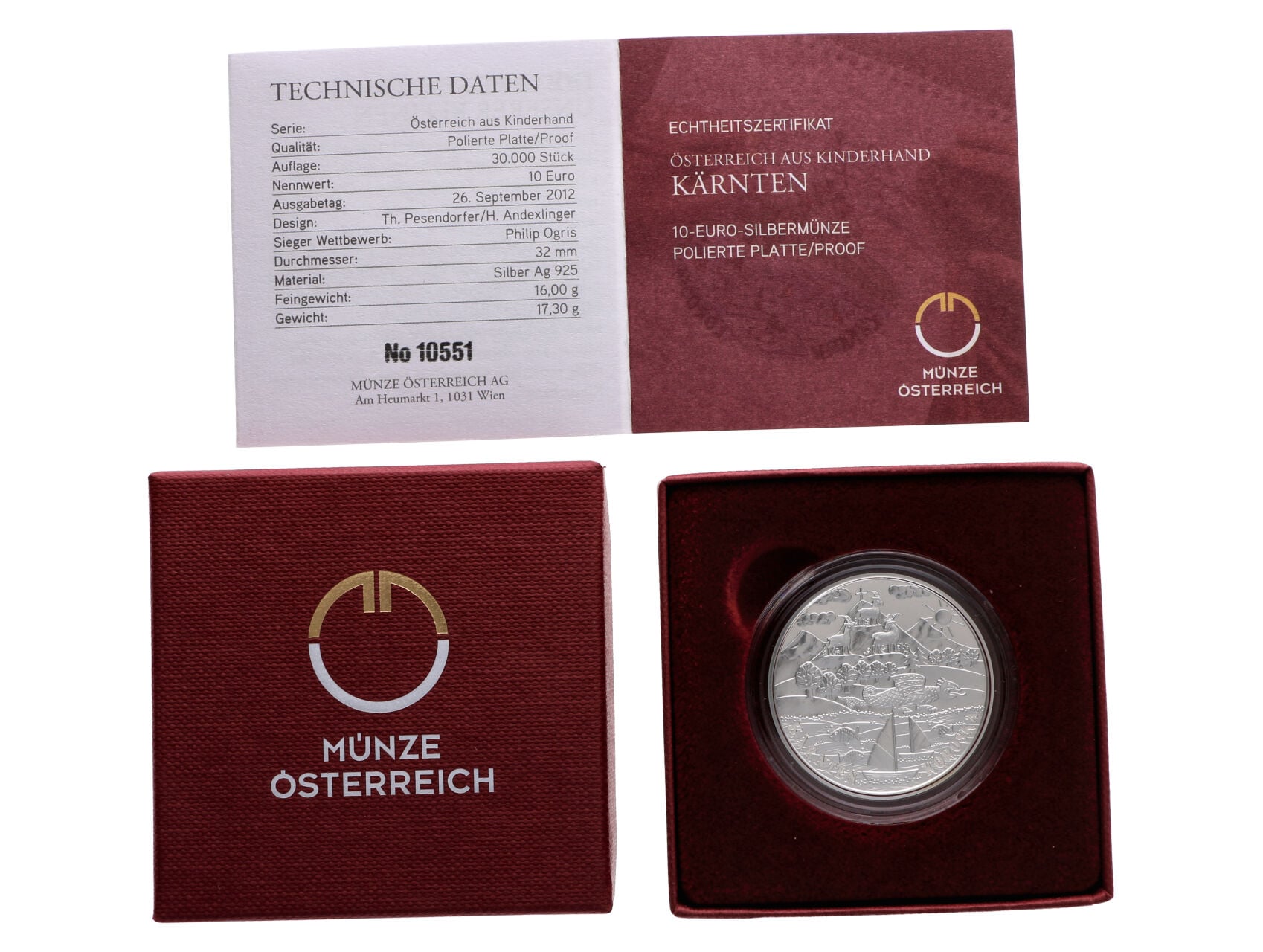 10 Euro 2012 Korutany, Ag 0.925, 17,30g, etue a certifikát_