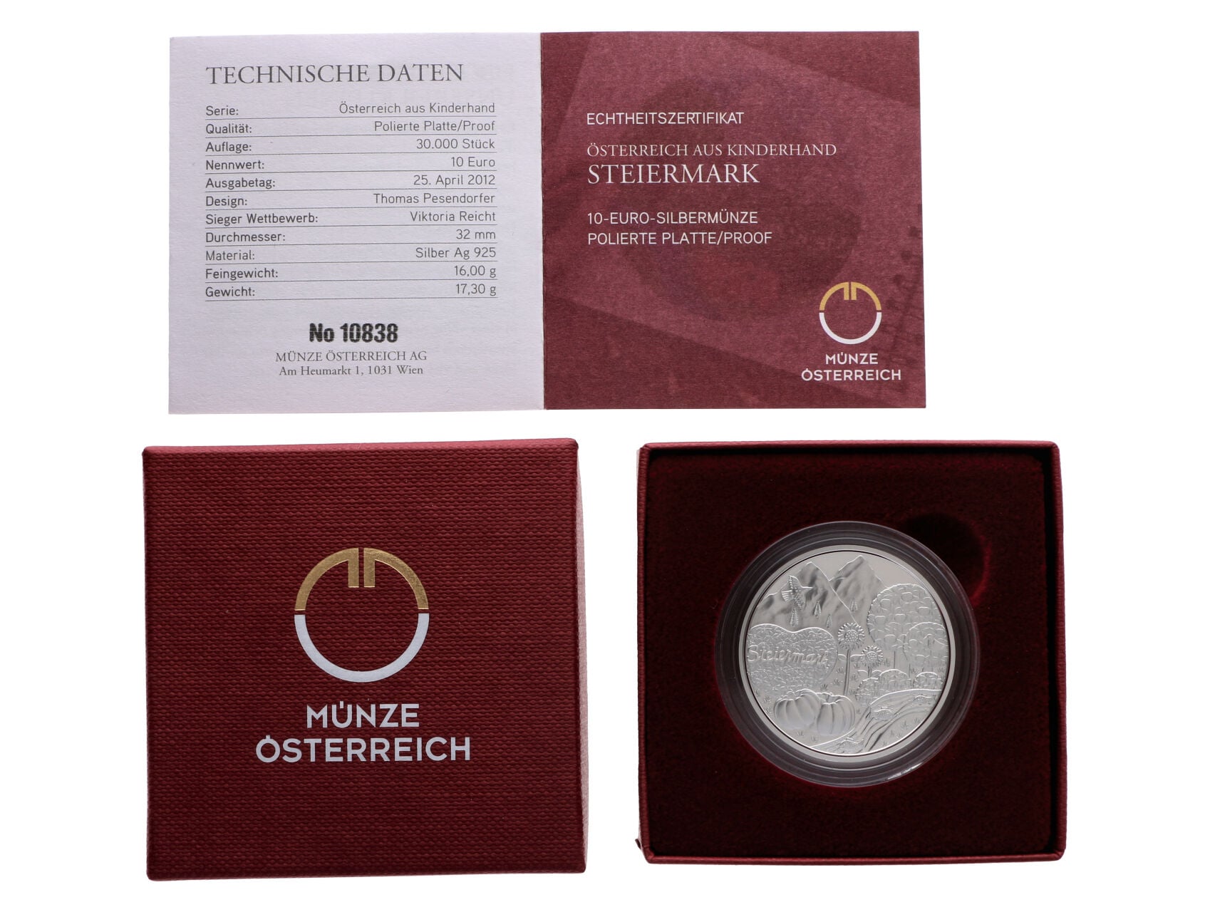 10 Euro 2012 Štyrsko, Ag 0.925, 17,30g, etue a certifikát_