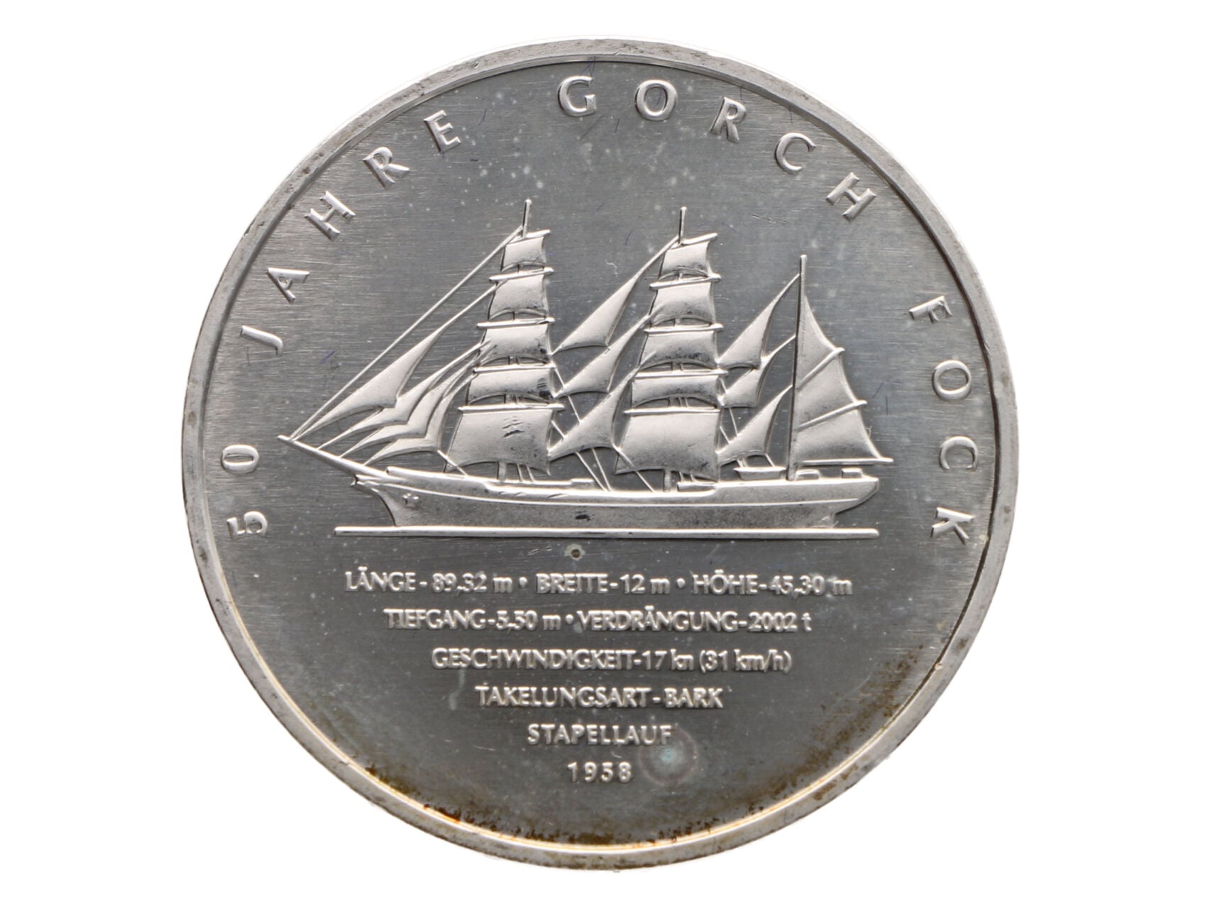 10 Euro 2008 J, 50. výročí Gorch Fock, 0.925 Ag, 18g_