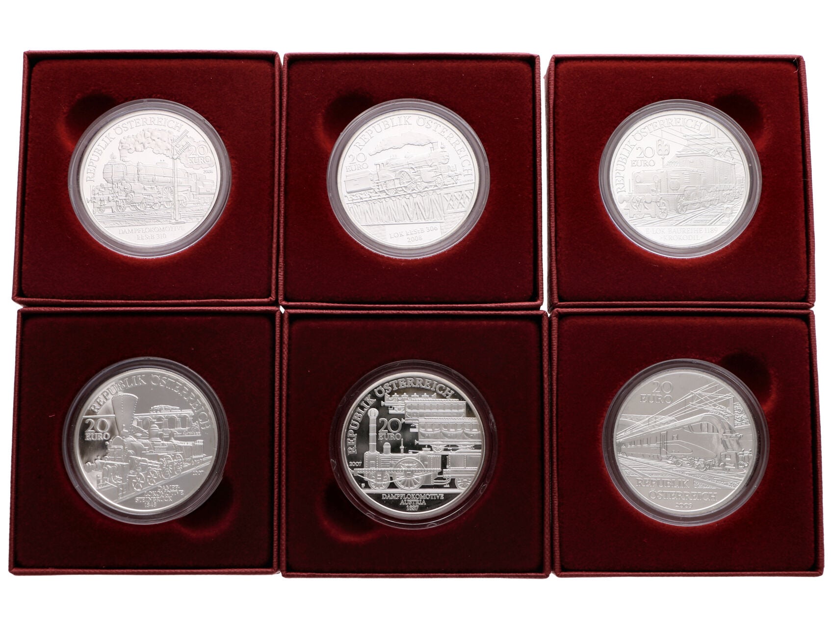 Sada 6ks 20 Euro 2007-2009, Vlaky a Lokomotivy, Ag 0.900, 20g, etue a certifikáty_