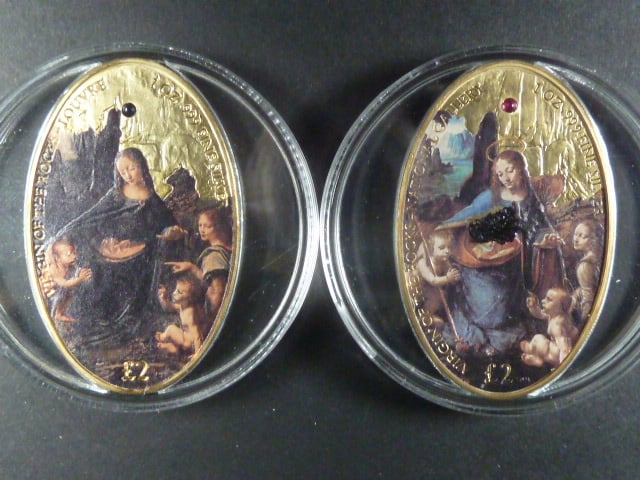 sada 2x 2 Pounds 2014 Leonardo da Vinci - Madonna ze skalní jeskyně - 2x 1 Oz (31,1g)  Ag, kvalita proof - kolorované, Ag 0.999