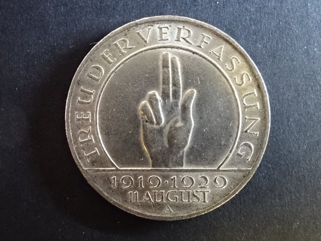 3 Reichsmark 1929 A 10.Jahrestag der Verfassung, J.340