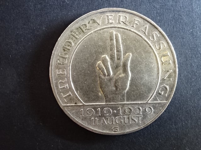 3 Reichsmark 1929 G 10.Jahrestag der Verfassung, J.340