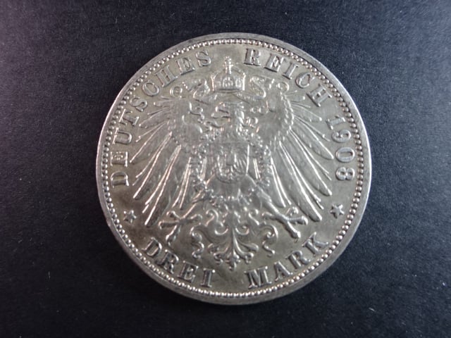 Baden, Friedrich II (1907-1918), 3 Mark 1908 G, J. 39, KM. 280