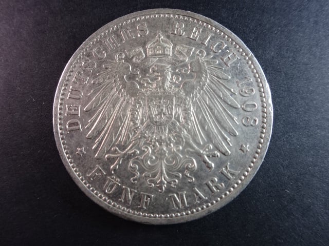 Baden, Friedrich II (1907-1918), 5 Mark 1908 G, J. 40, KM. 281