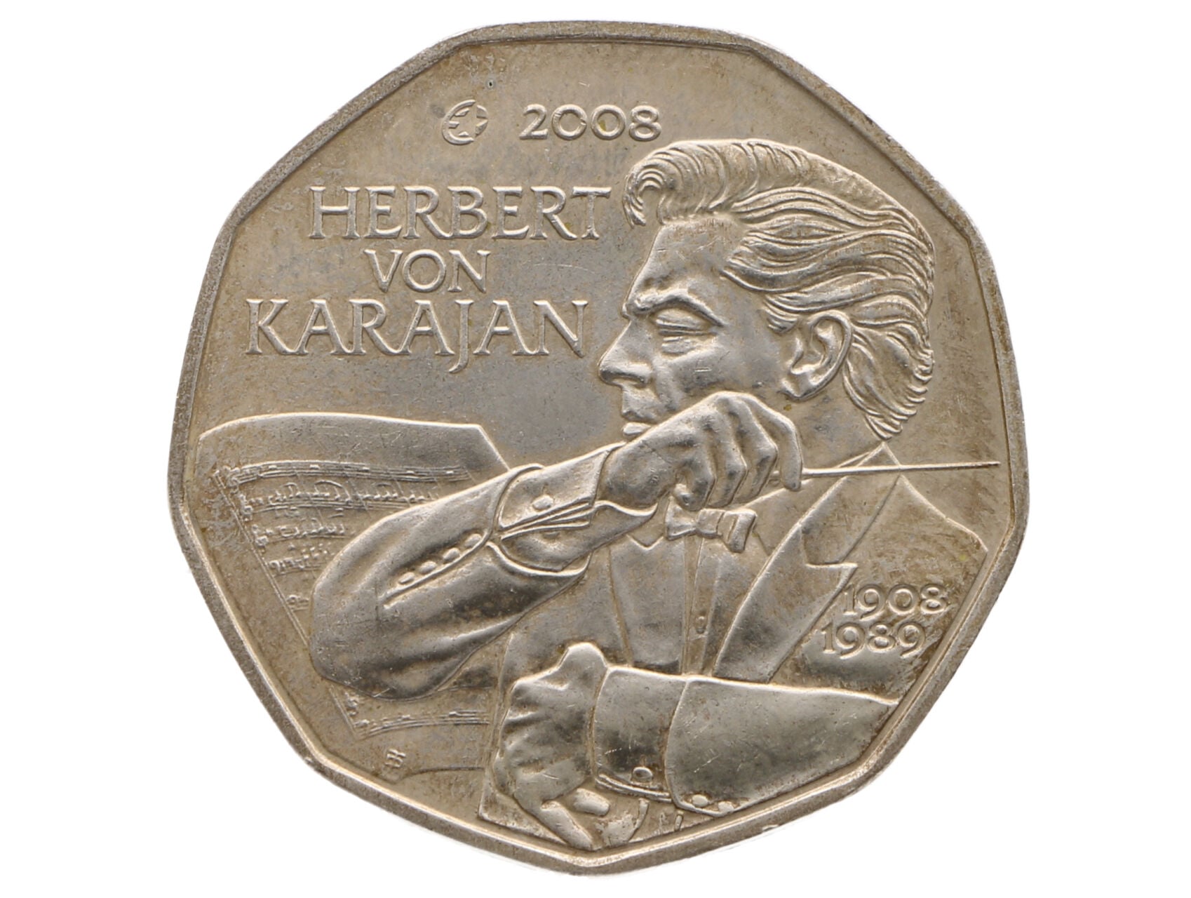 5 Euro 2008, 100. výročí Herbert von Karajana, 0.800 Ag, 10g