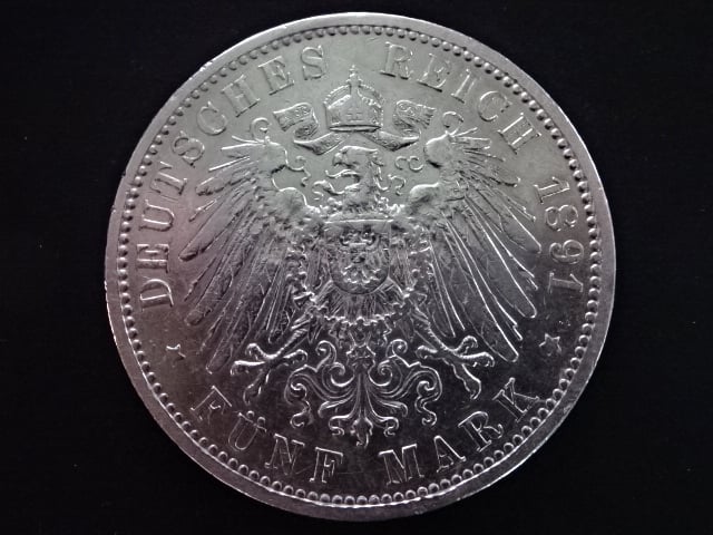 Prusko, Wilhelm II (1888-1918), 5 Mark 1891 A, J. 104, KM. 523