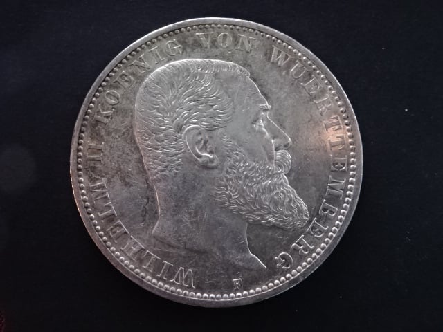 Württenberg, Wilhelm II. (1891-1918), 5 Mark 1908 F, J.176, KM. 632