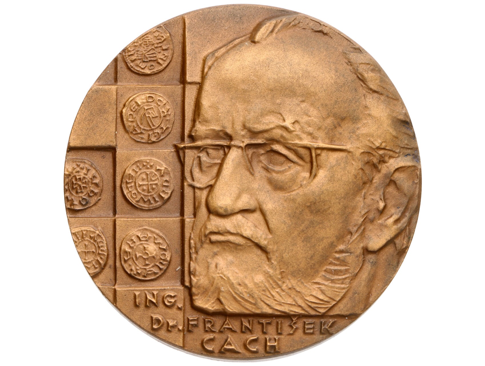 ČNS - ústředí, Praha - AE medaile Ing. Dr. František Cach, 1985, Bronz 60 mm, 165,51 g., signováno Kolářský, náklad 200 ks_