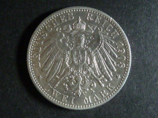 Württenberg, Wilhelm II. (1891-1918), 2 Mark 1908 F, J.174