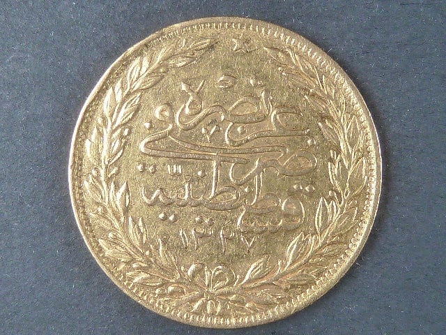100 Kurush AH 1327 (1909) Muhamad V. Au 917, 7,21 g