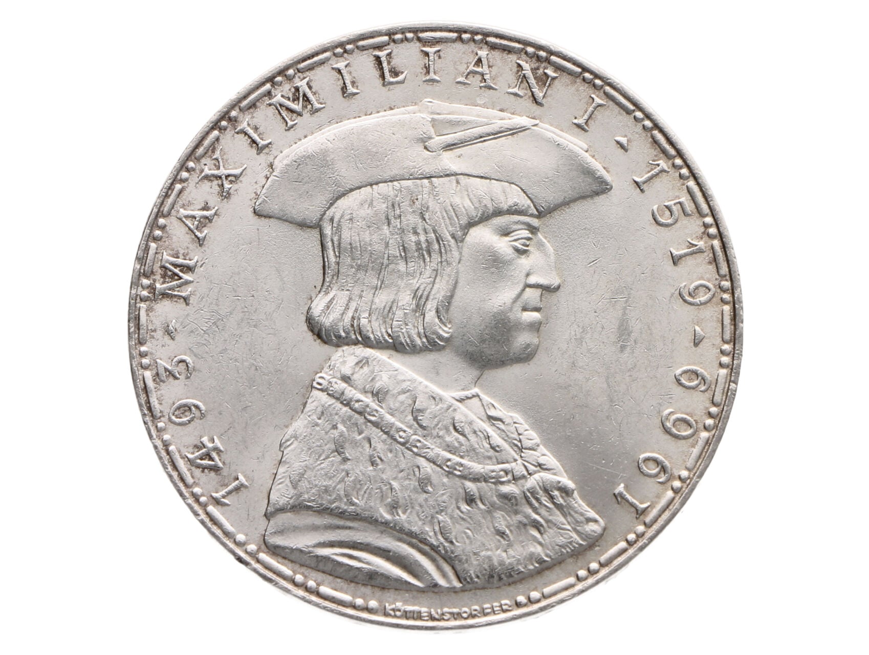50 Schilling 1969 - 450. výročí úmrtí Maximiliána I., Ag 0.900, 20.00g_