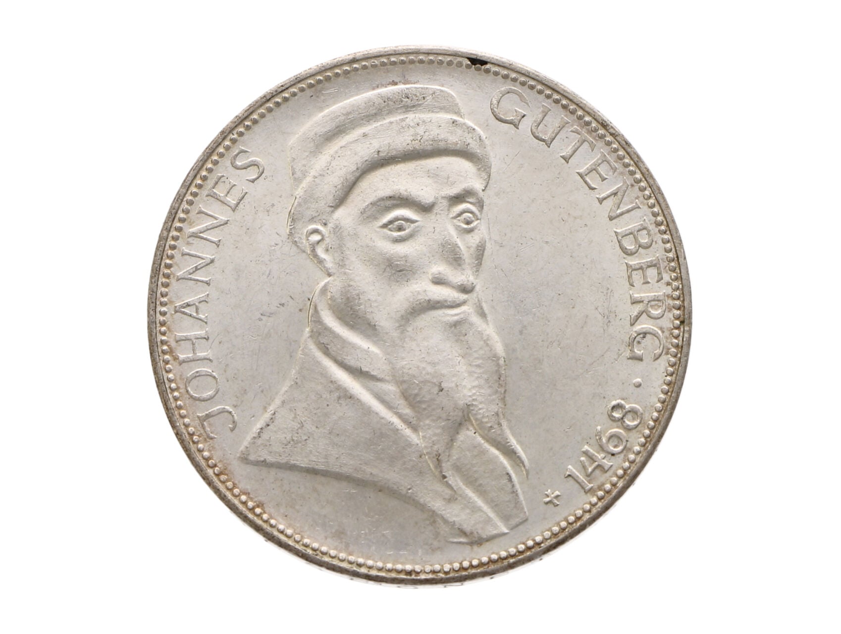 5 Marka 1968 G - 500. výročí úmrtí Johannes Gutenbergera, Ag 0.625, 11.20 g._