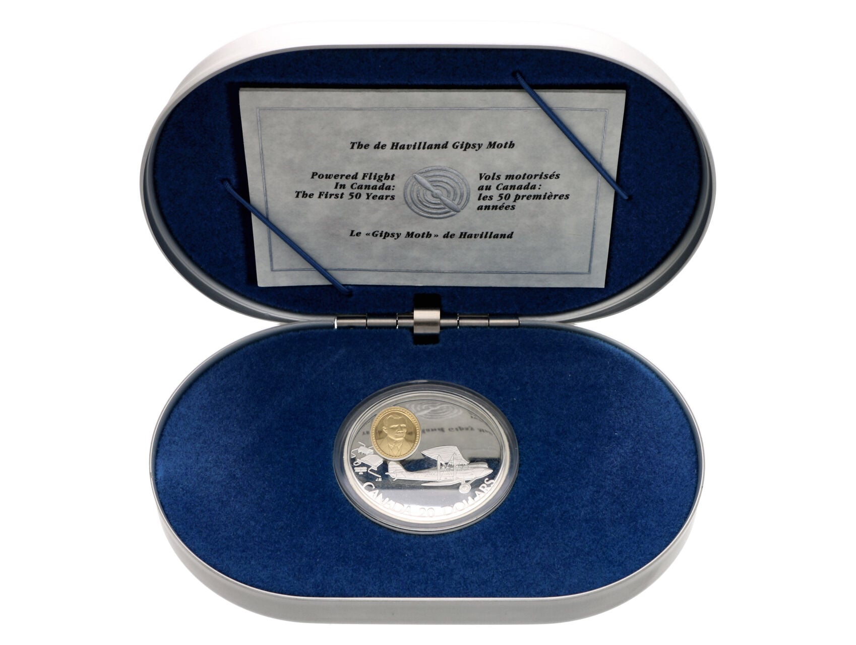 20 Dollar 1992 - letoun De Havilland DH.60 Moth, 31,1g, 0.925 Ag, etue a certifikát_