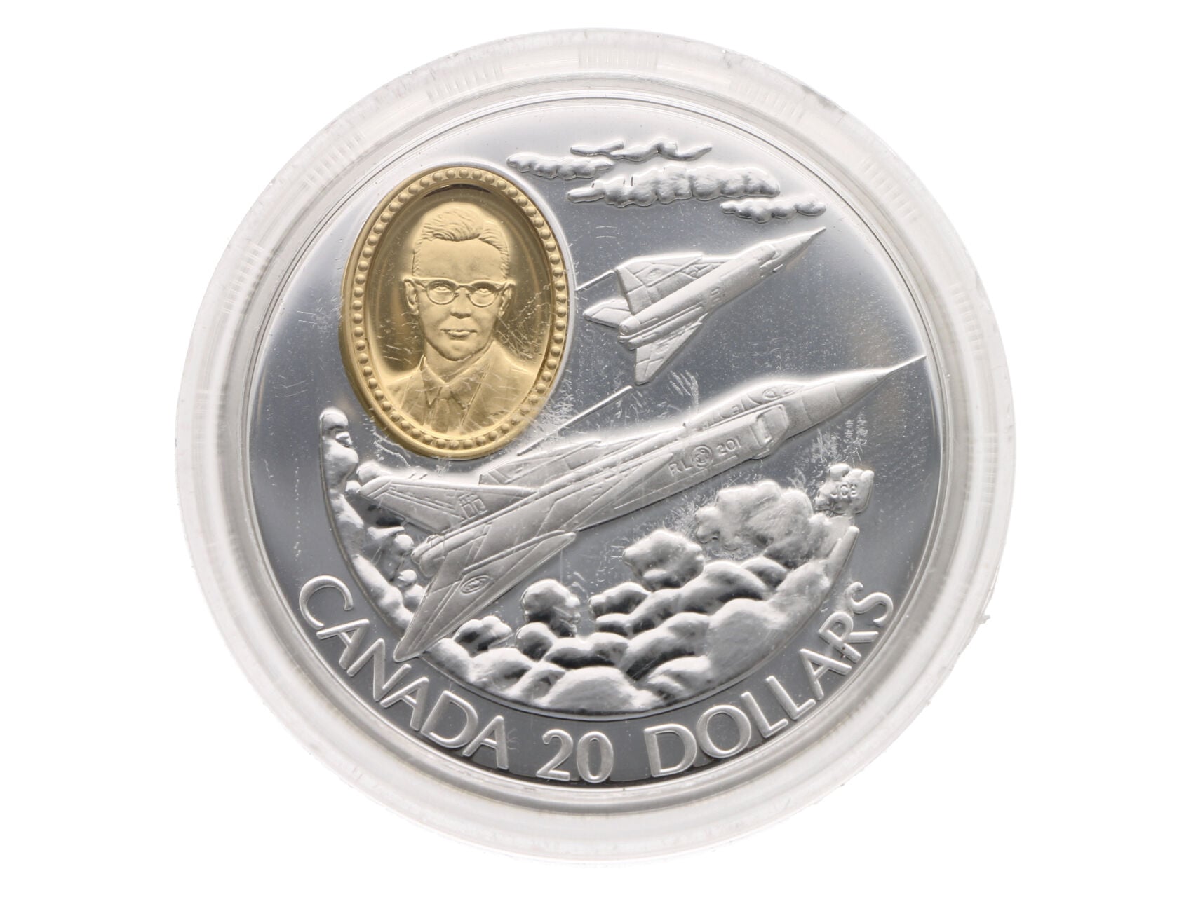 20 Dollar 1996 - letoun CF-105 Avro Arrow, 31,1g, 0.925 Ag_