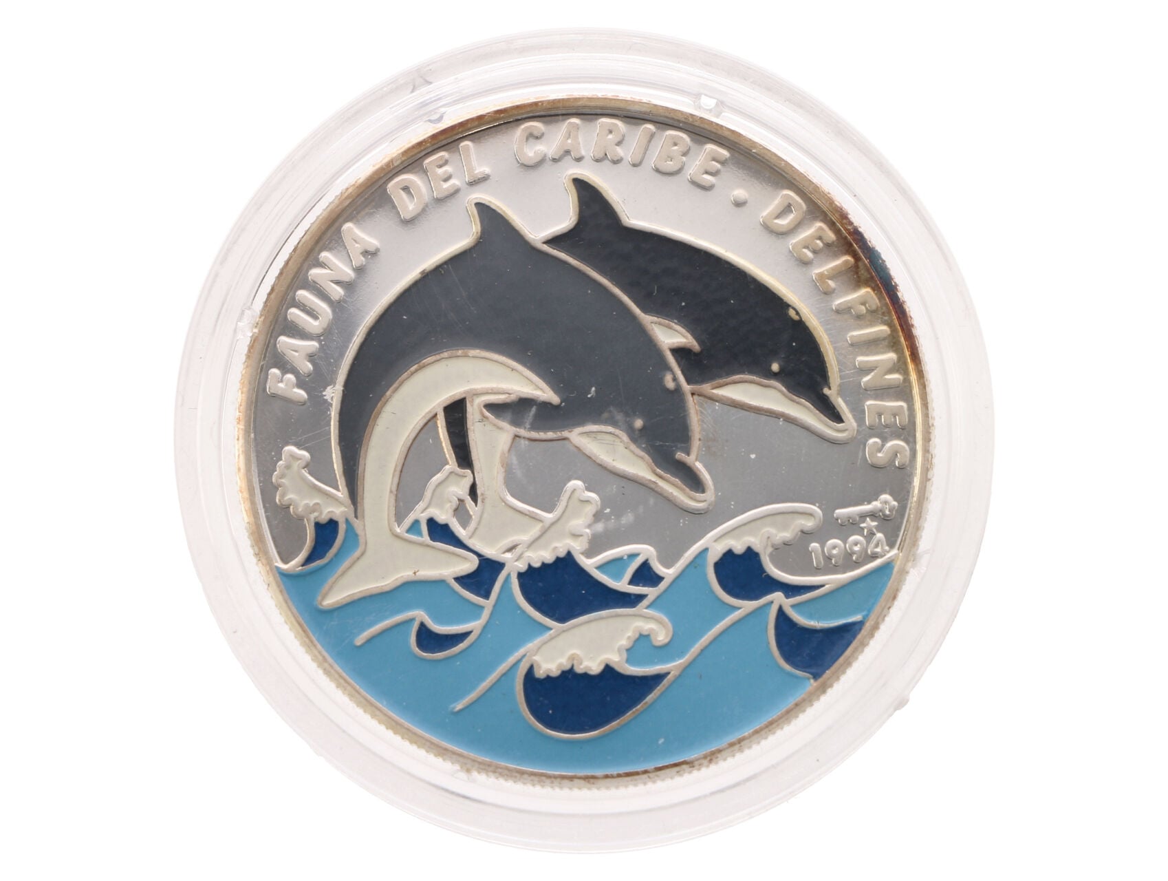 10 Peso 1994 - Karibská fauna - Delfíni, 20g, 0.999 Ag, 10000ks_