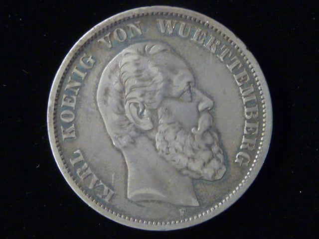 Württenberg, Karl (1864-1891), 5 Mark 1875 F, J.173