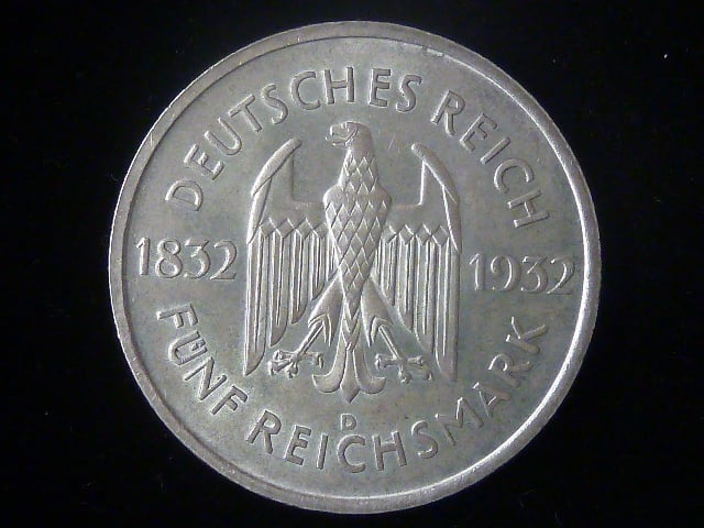 5 Reichsmark 1932 D J. W. von Goethe, J.351, drobná vada střižku
