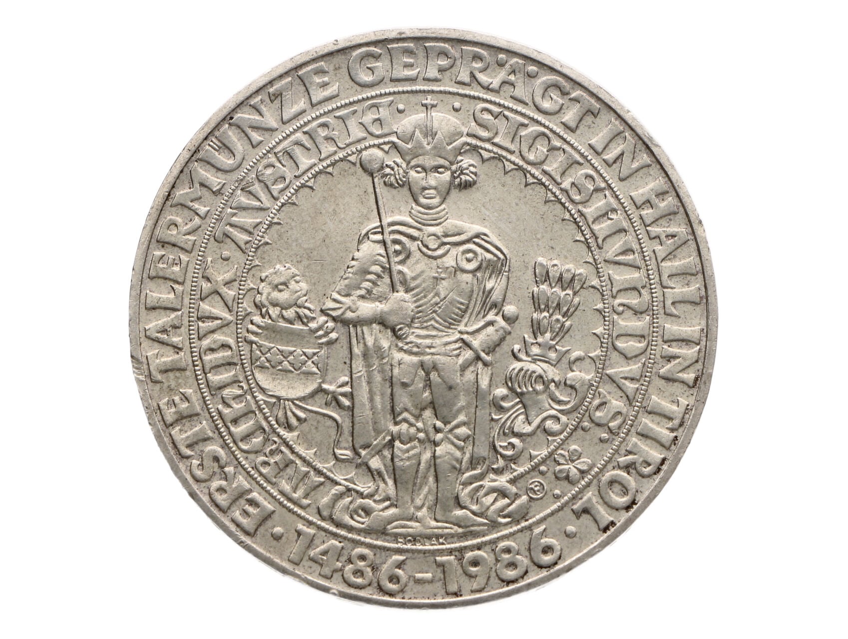 500 Schilling 1986 - 500. výročí - První tolarová mince ražená v Hall Mint_