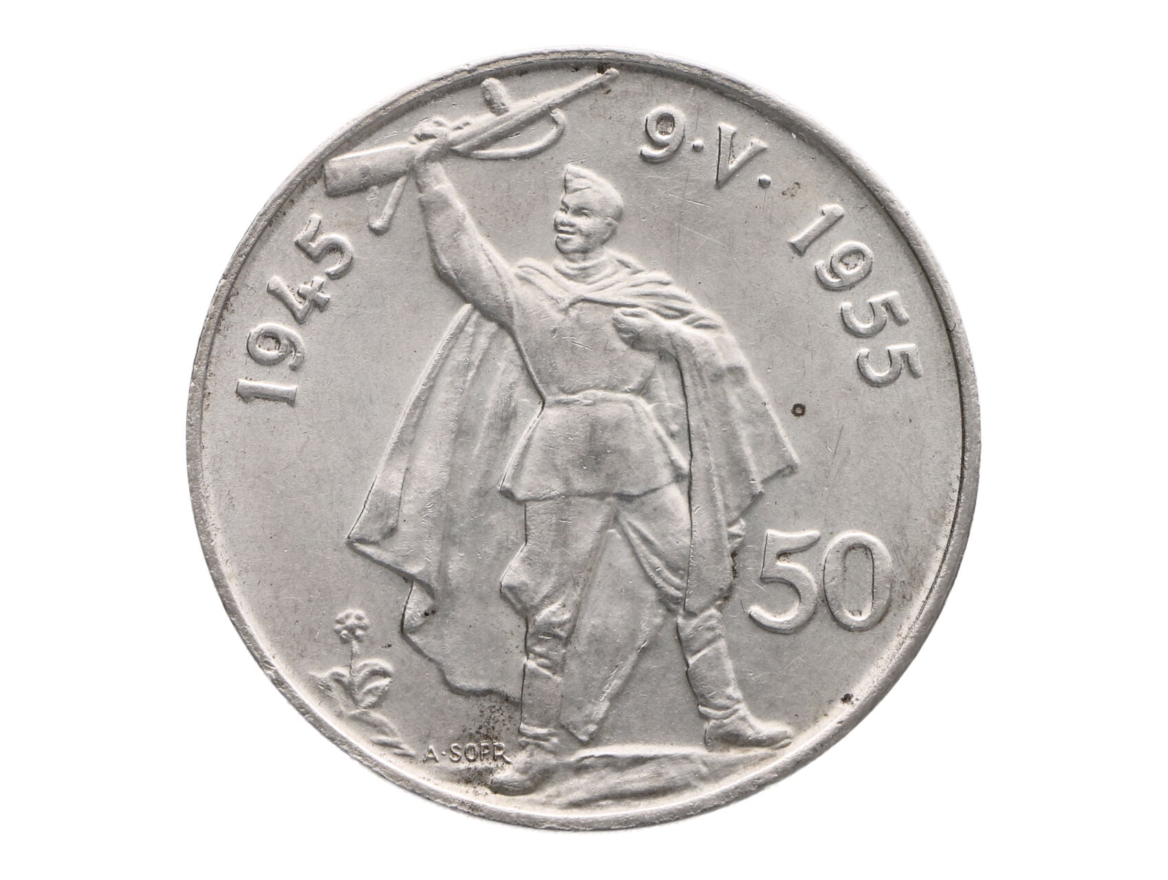 50 Kčs 1955a - 10. výročí osvobození ČSSR "nožka P delší než u R"