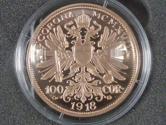 Karel I., 100 Korona 1918, Au novoražba ČM 2026, náklad 30 ks, Au 0,900, 33,88 g, certifikát, etue
