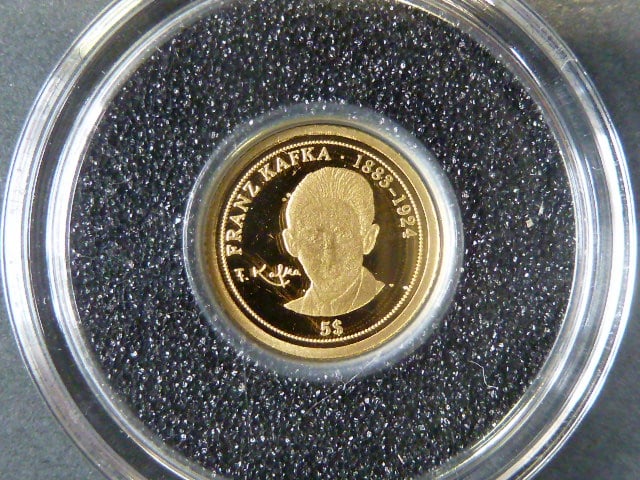5 Dollars 2008 - Franz Kafka,  Au 999/1000, 0.5g, 11 mm + certifikát