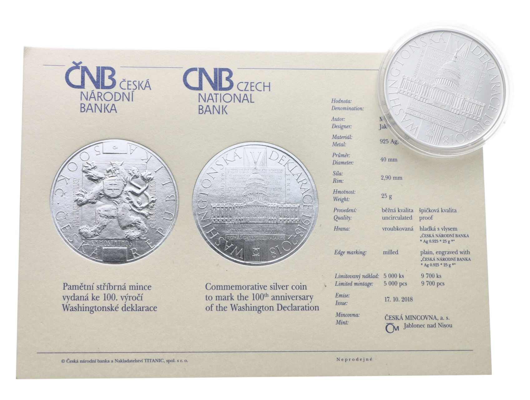 500 Kč 2018 100. výročí Washingtonské deklarace_