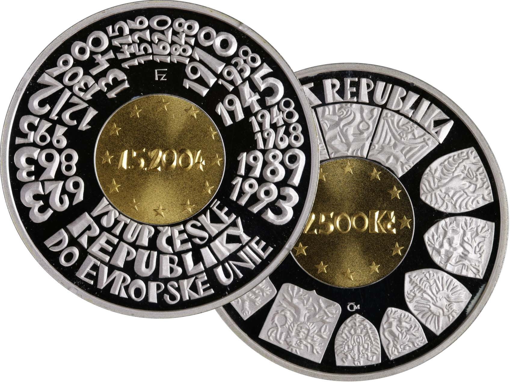 2500 Kč 2004 Vstup ČR do Evropské unie, náklad 9000 ks, Au 7,77g / Ag 23,32g, etue, certifikát, bezvadný stav, PROOF