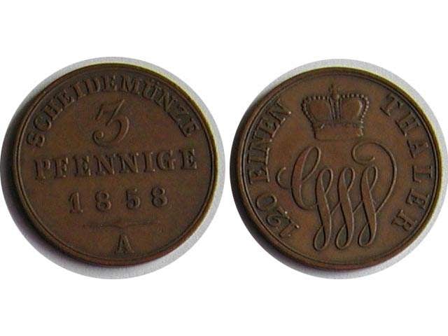 Schaumberg-Hessen-Lippe,  Wilhelm II.(1821-1847), 3 Pfennig 1858 A, Wilhelm II.(1821-1847)