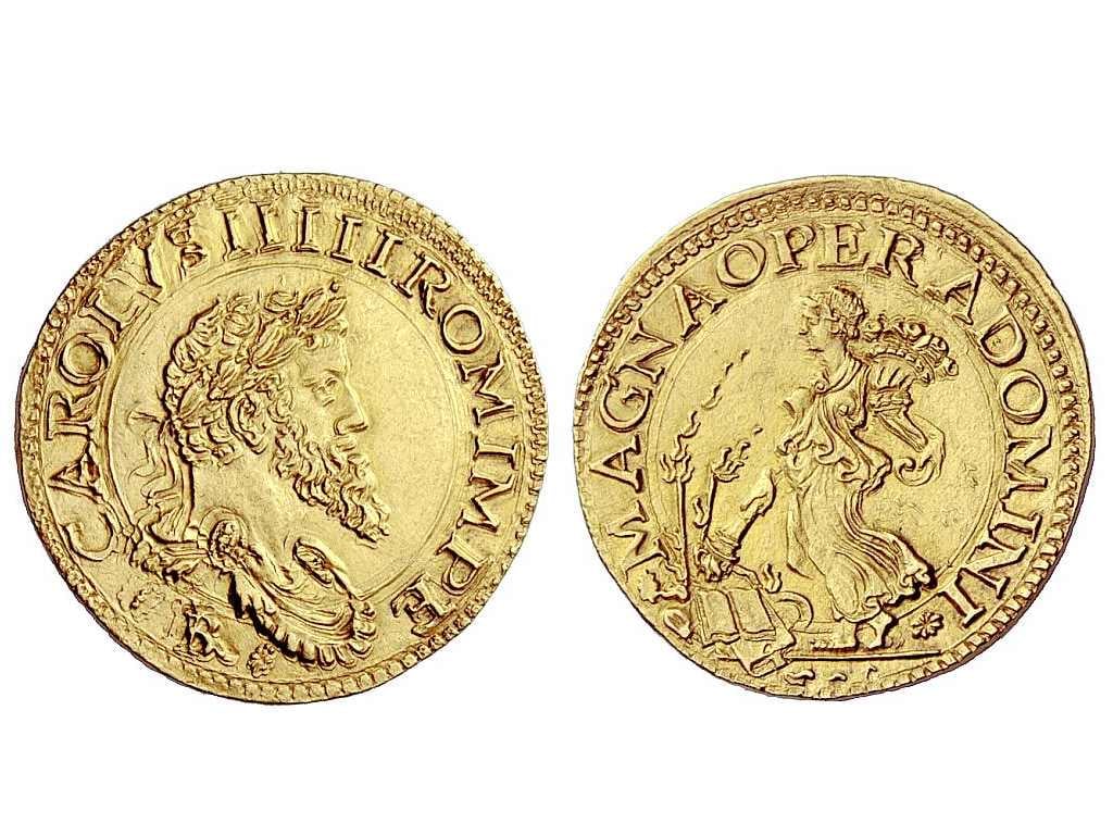NEAPOL, Quadrupla s.d. Zecchiere Giovan Battista Ravaschiero (1548-1567). CAROLVS IIIII ROM IMPE