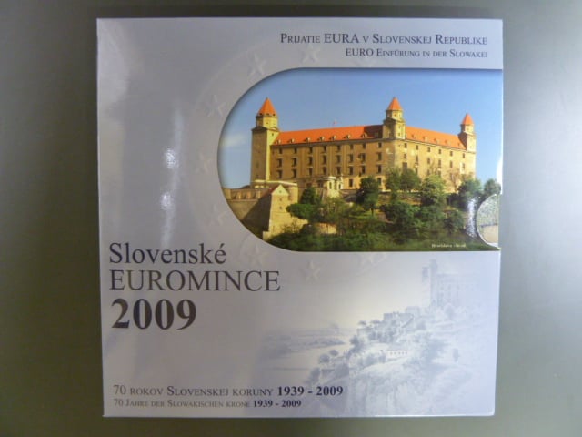 2009 sada euromincí k výročí 70.rokov Slovenskej Koruny, stříbrná replika 5ks 1939 proof, číslované