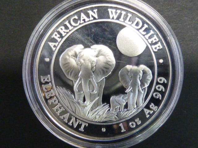 100 Shillings 2014 - 1 UNZ Ag - sloni, kvalita proof, Ag 999/1000, 31,11g etue