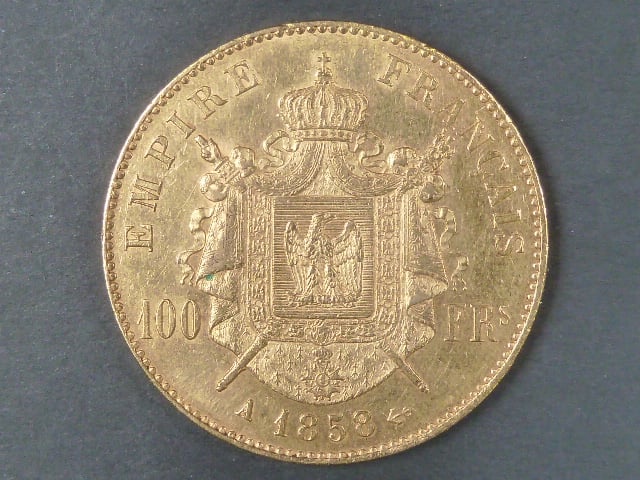 100 Frank 1858 A Napoleon III., Au 900/1000, 32,25 g, průměr 35 mm