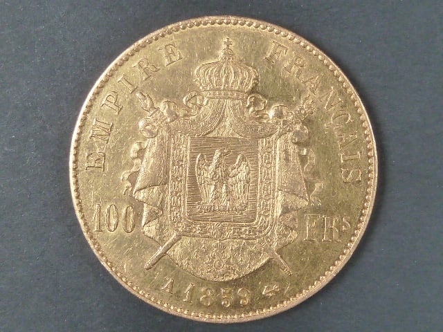 100 Frank 1859 A Napoleon III., Au 900/1000, 32,25 g, průměr 35 mm