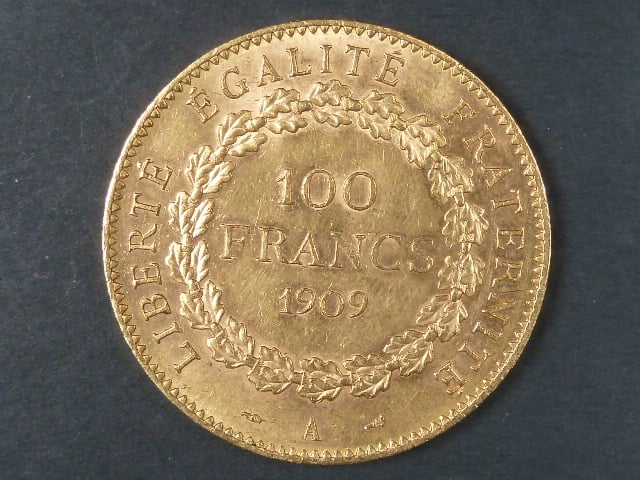 100 Frank 1909 A., Au 900/1000, 32,25 g, průměr 35 mm
