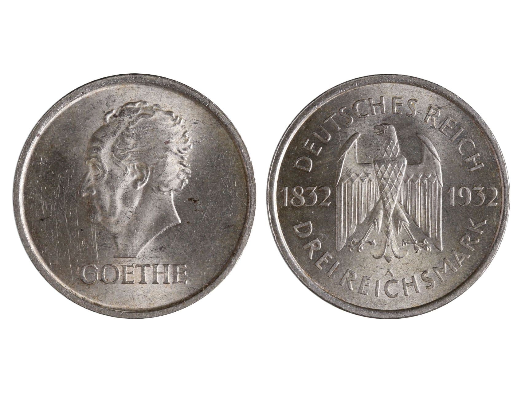Výmarská republika 1919-1933 -  3 Marka 1932 A, Goethe, KM76