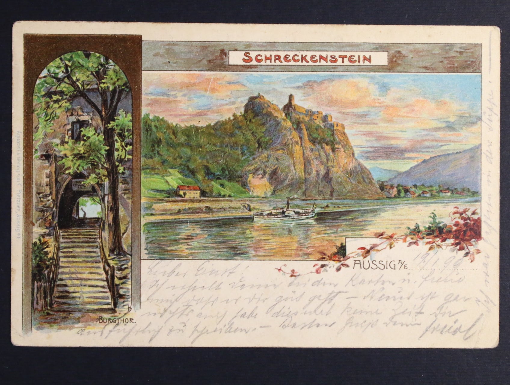 Ústí nad Labem, (Aussig) bar. litograf. koláž, dl. adresa, použitá 1899