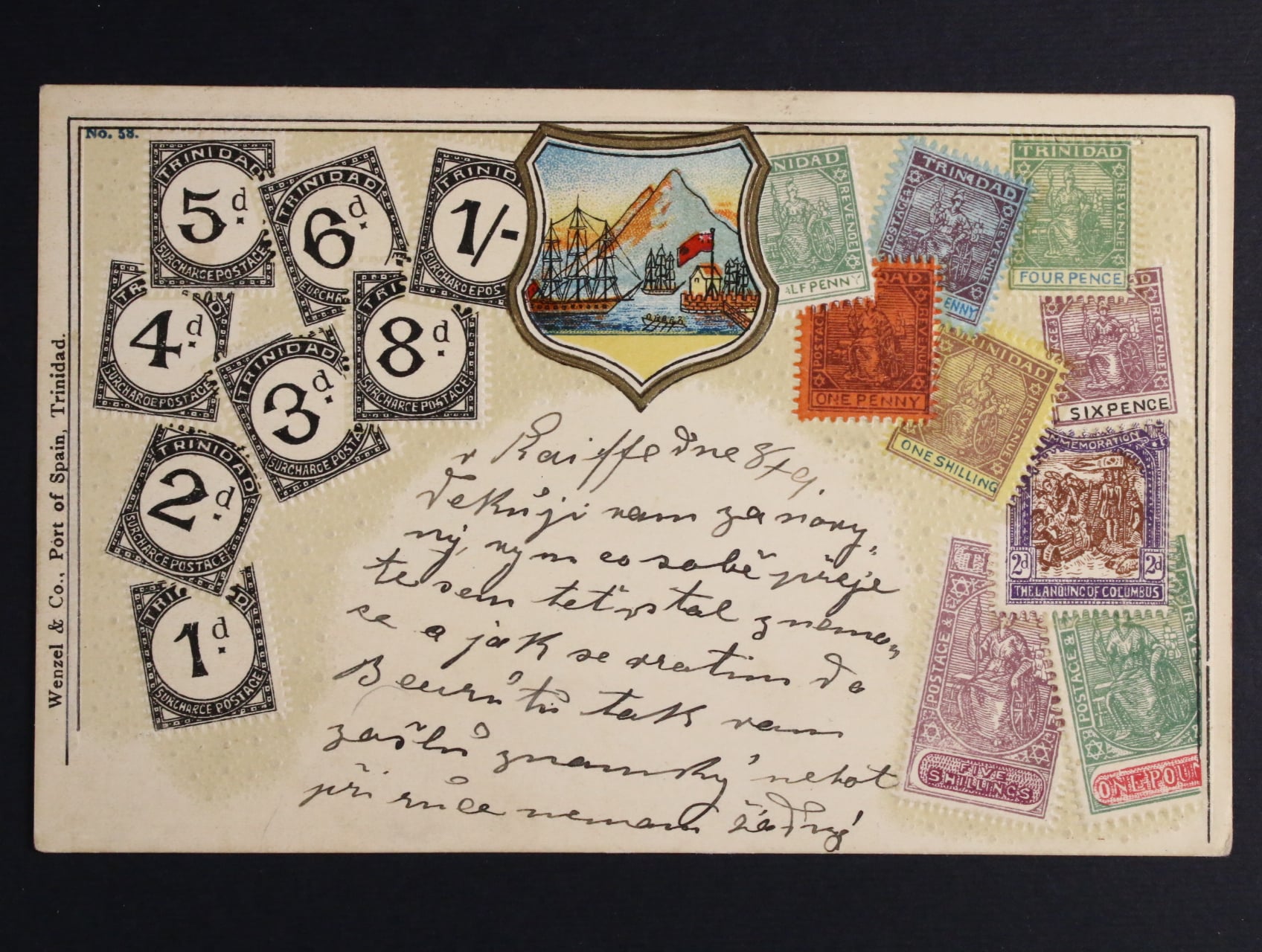 Známky - reliefní bar. litograf. koláž Trinidad, dl. adresa, použitá 1909