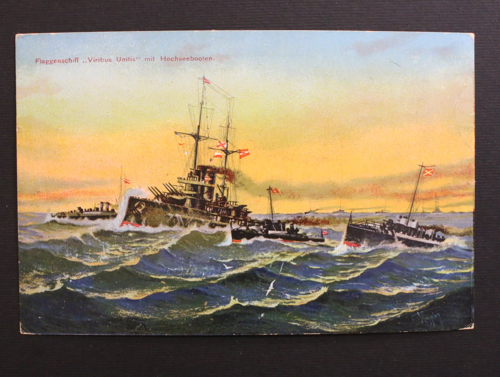 Lode - bar. pohlednice Flaggenschiff "Viribus Unitis" mit Hochseebooten, pouzita 1905