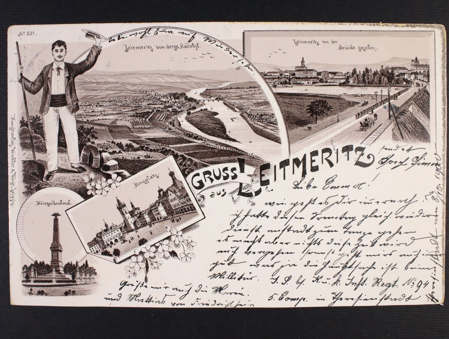 Litoměřice, jednobarevná čtyřokénková litografická pohlednice, prošlá 1900