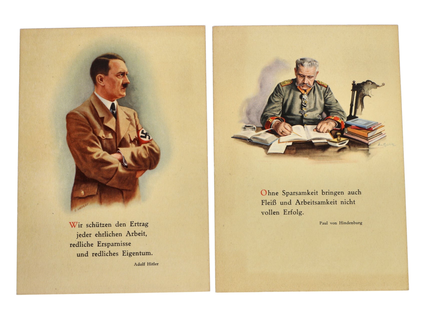 sestava 4 ks bar. litograf. s výroky význačných vojevůdců (Fürst von Bismarck, Jakob Fugger, Paul von Hindenburg, A.H.), nepoužité s pam. raz., lux. kvalita