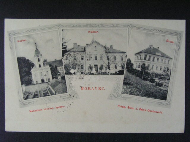Moravec, čb. vícezáběrová pohl., kostel, klášter, škola, prošlá 1911