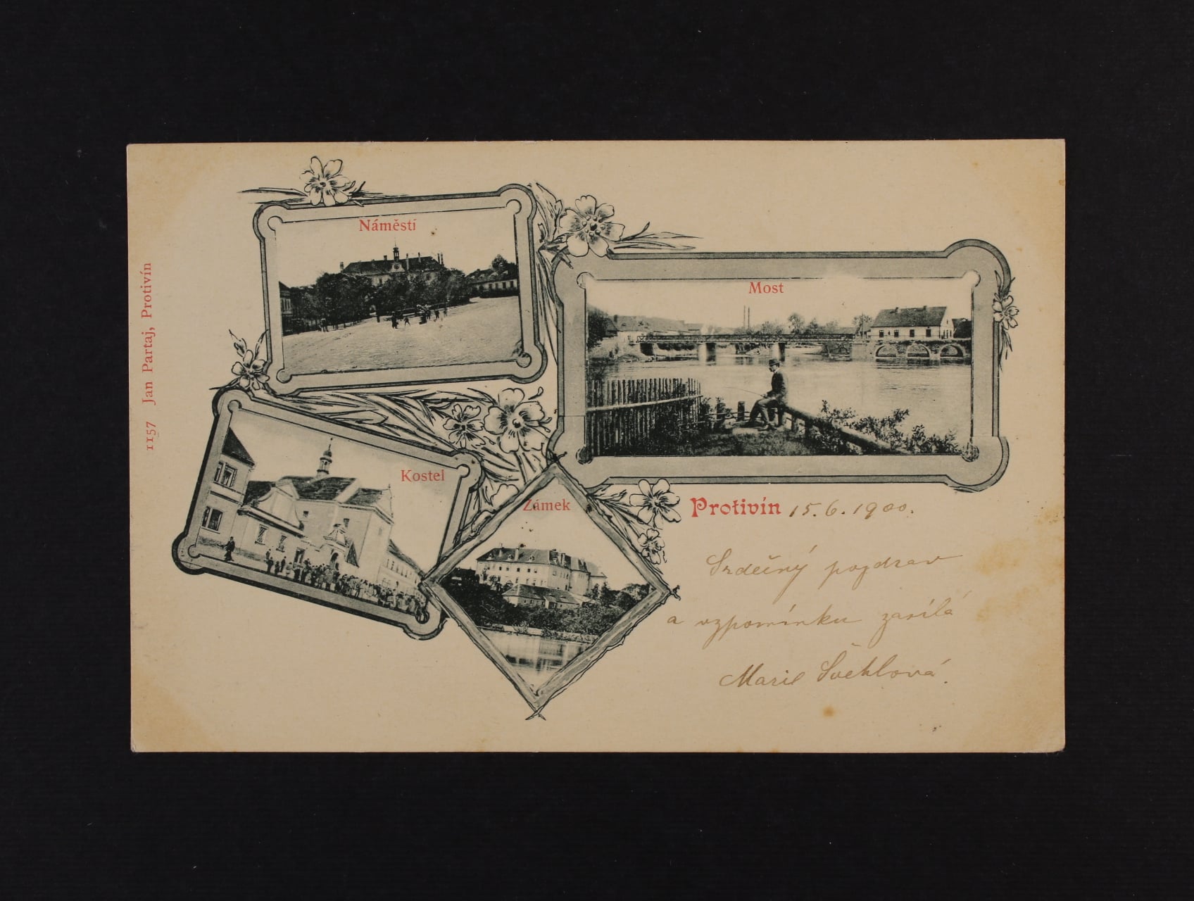 Protivín, okr. Písek - jednobar. okénková litograf. koláž, použitá 1900