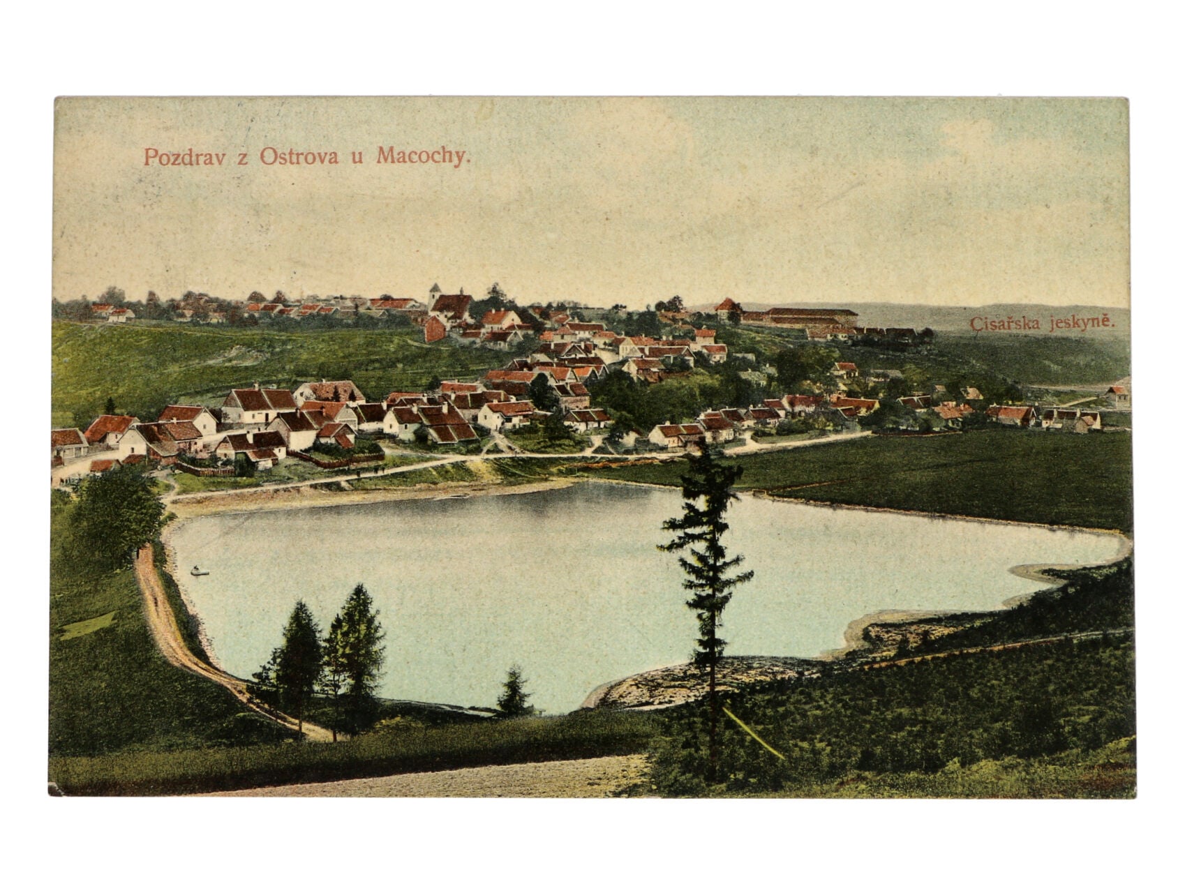 Ostrov u Macochy, okr. Blansko - bar. pohlednice, použitá 1908