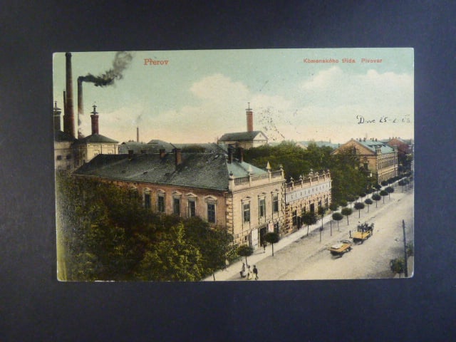 Přerov Komenského tř. pivovar, prošlá 1908