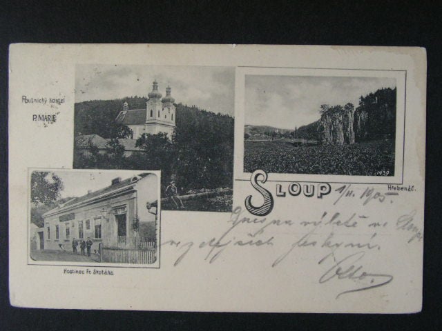 Sloup, čb. vícezáběrová pohl., hostinec, prošlá 1905