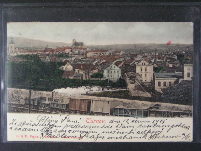 Turnov, bar. pohl., parní vlak, prošlá 1901