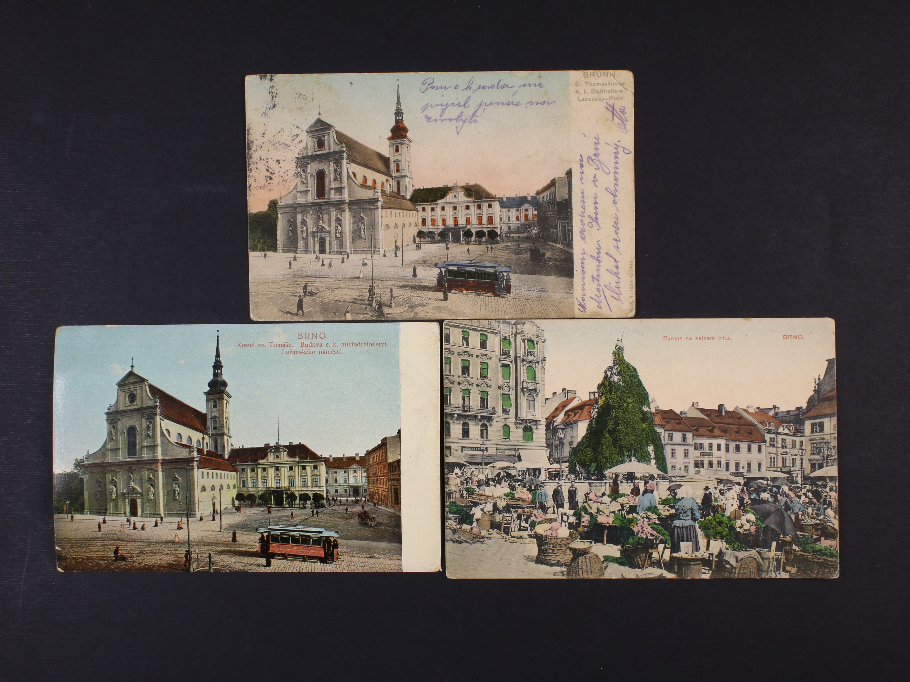 Brno - tři bar. pohlednice - Lažanský Platz, použitá 1906, Brno - Parna na Zelném trhu, nepoužitá, kostel sv. Tomáše, nepoužitá