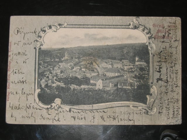 Mor. Krumlov, čb. pohl. celkový pohled, prošlá 1904, stržená zn.
